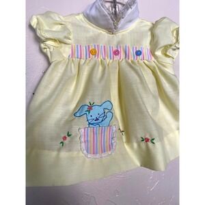 Vintage Baby Girls Pastel Bunny Pocket Dress Yellow Short Sleeve Easter Spring